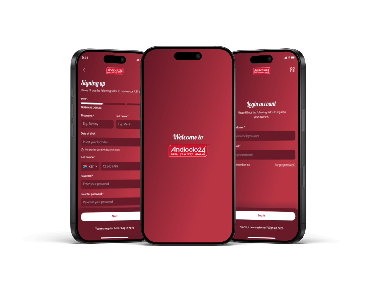 Three Andiccio24 mobile ordering application screens
