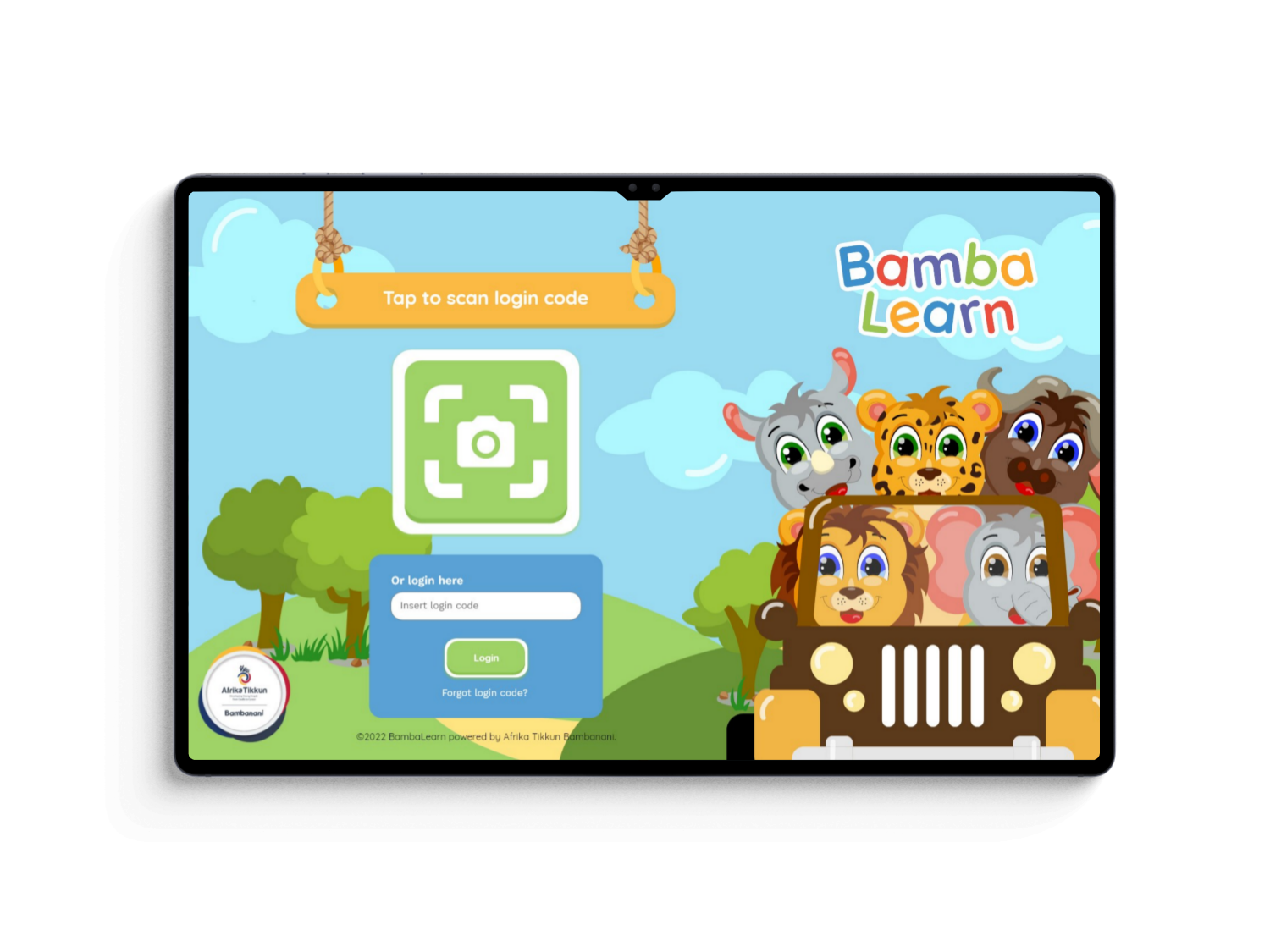Bamba Learn tablet login screen