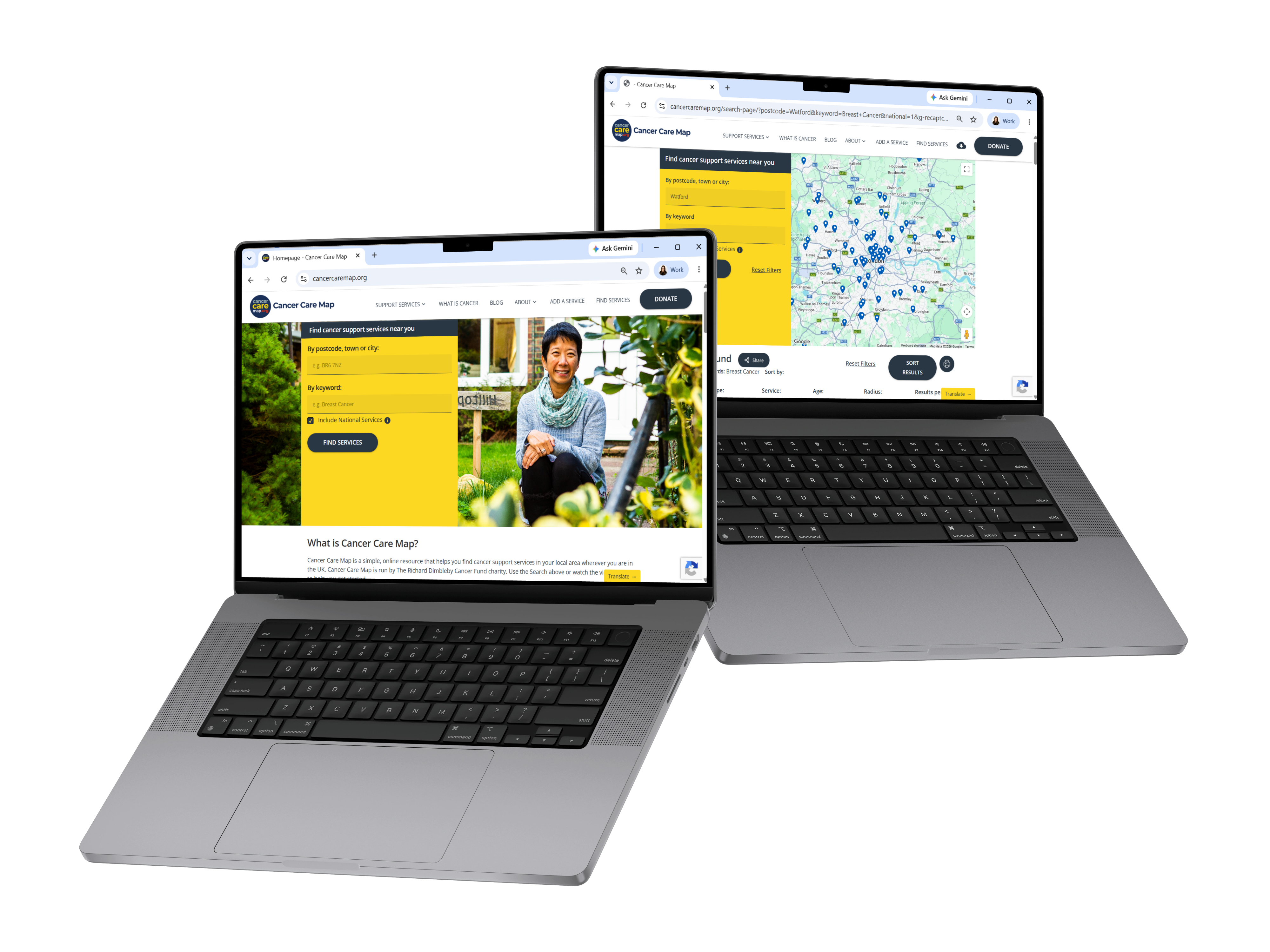 Cancer Care Map search and service screens displayed on two laptops