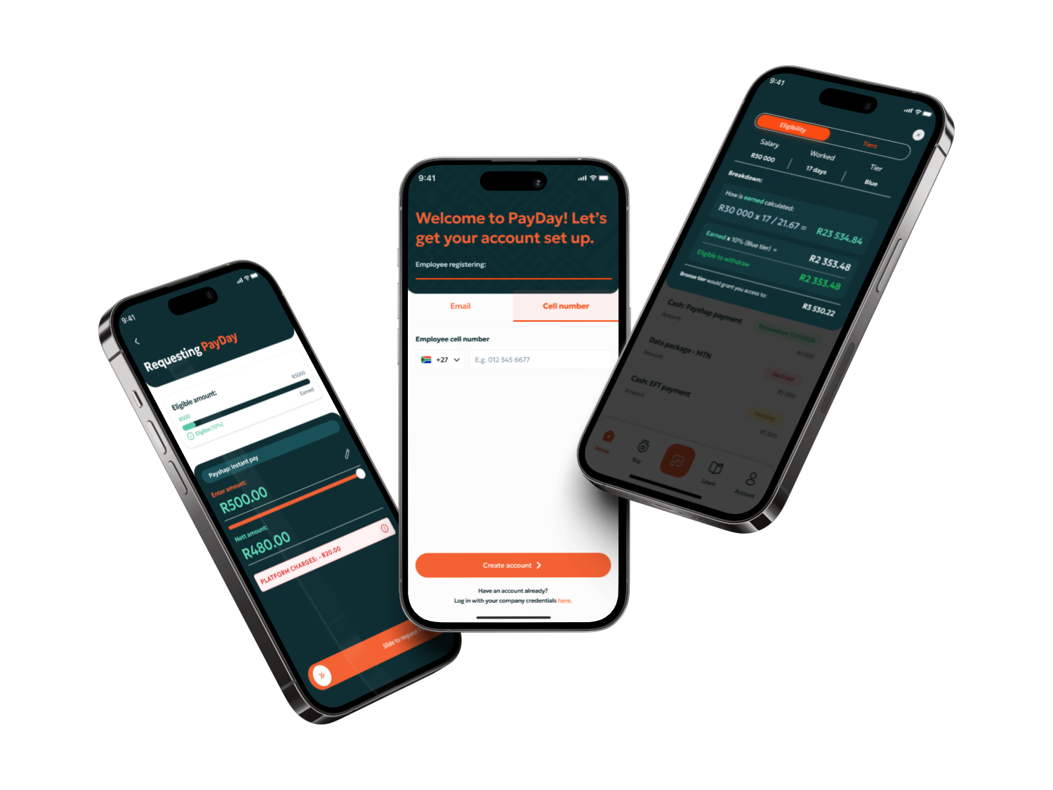 PayDay application screens displayed on three phones