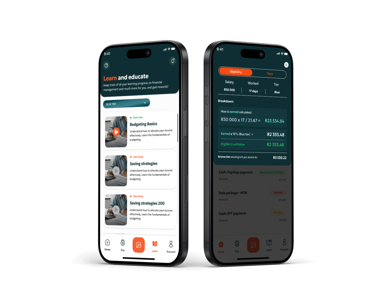 PayDay learning and account screens