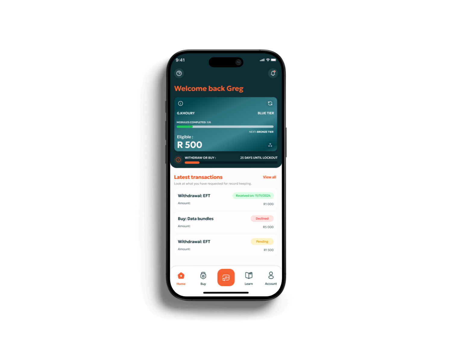 PayDay application dashboard on a mobile phone
