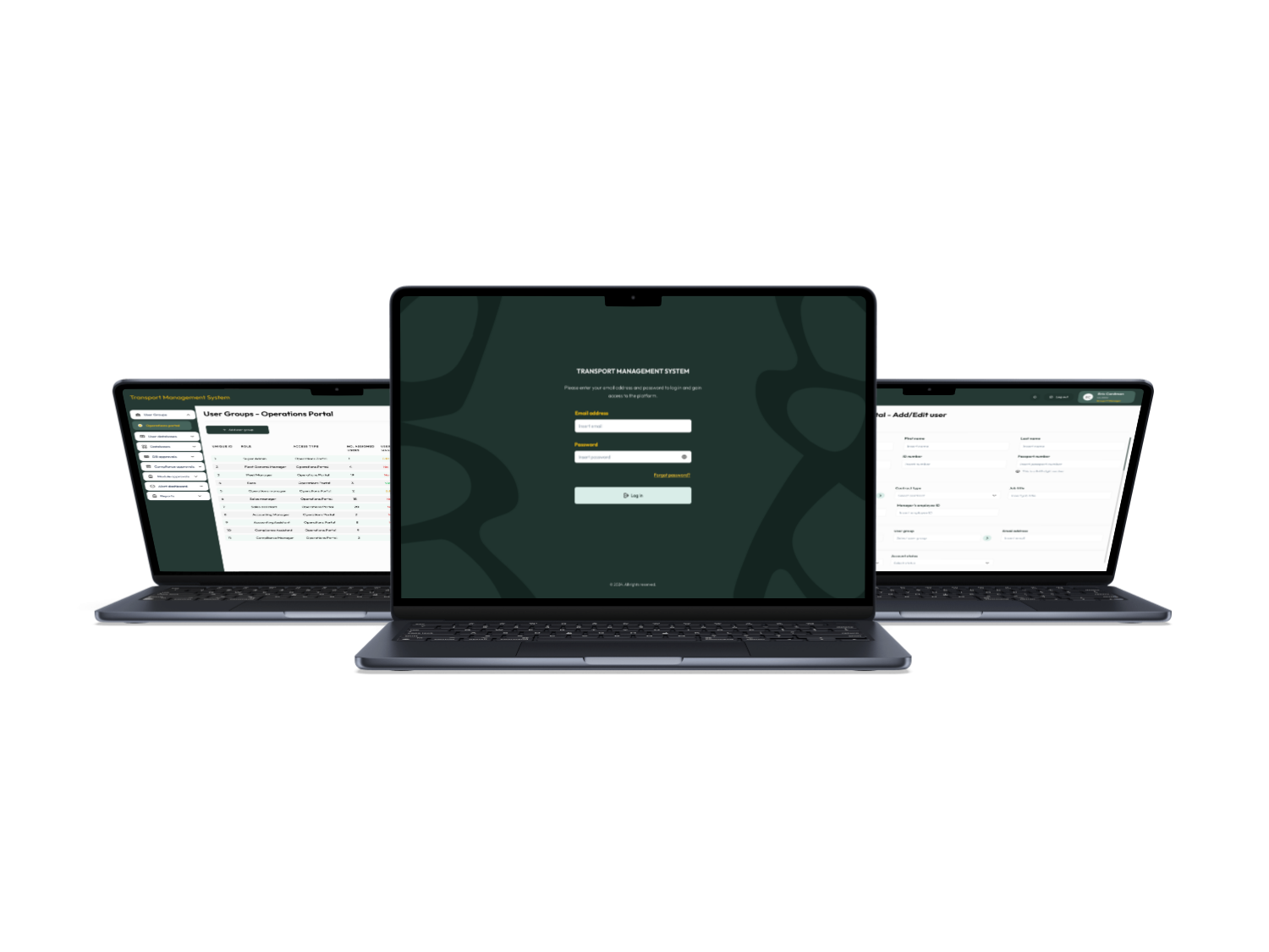 Transport Management System displayed on three laptops