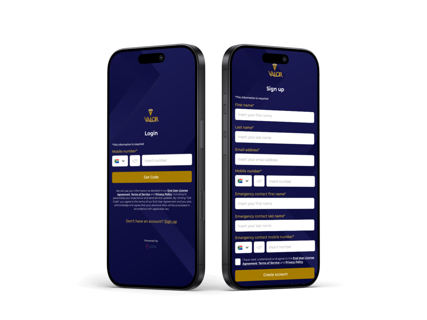 Valor login and registration screens
