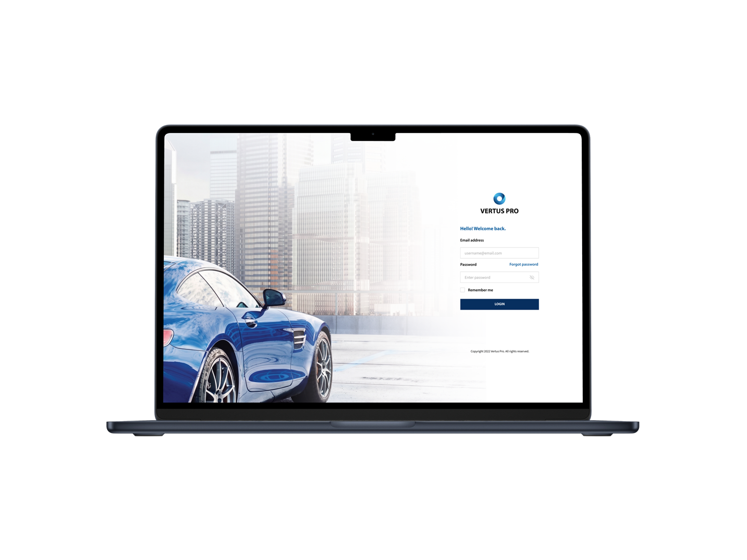 The Vertus Pro distributor portal sign-in screen on a laptop