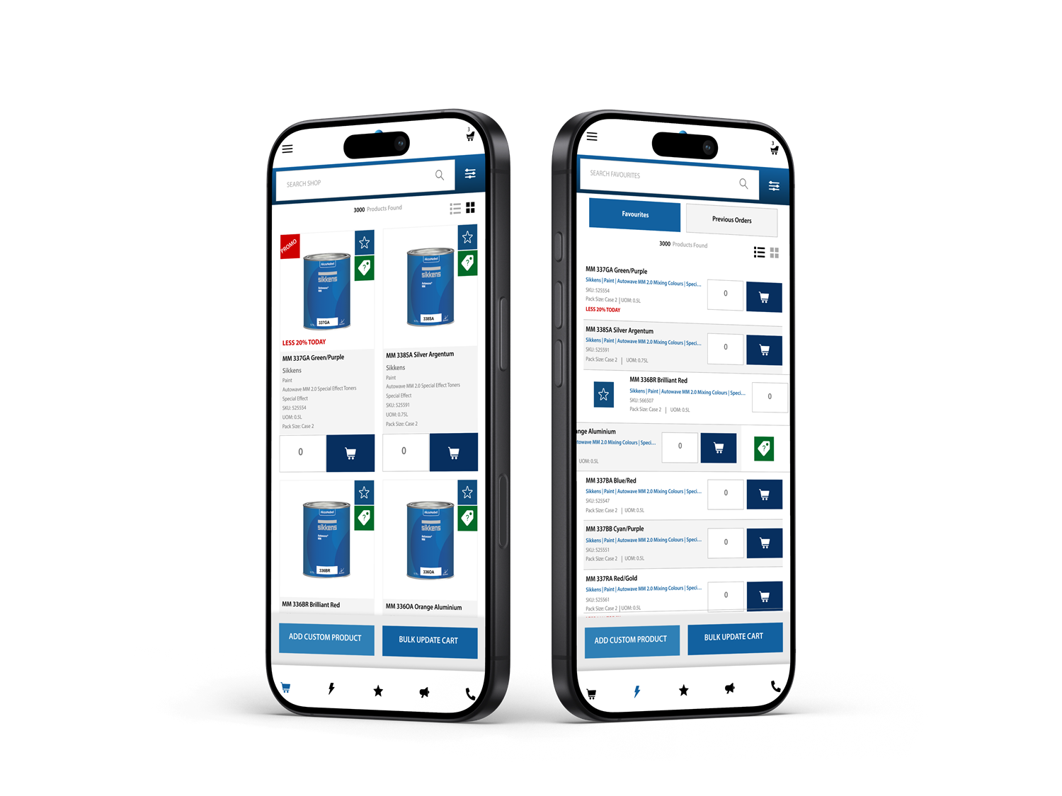 Product catalogue and cart screens in the Vertus Pro mobile app