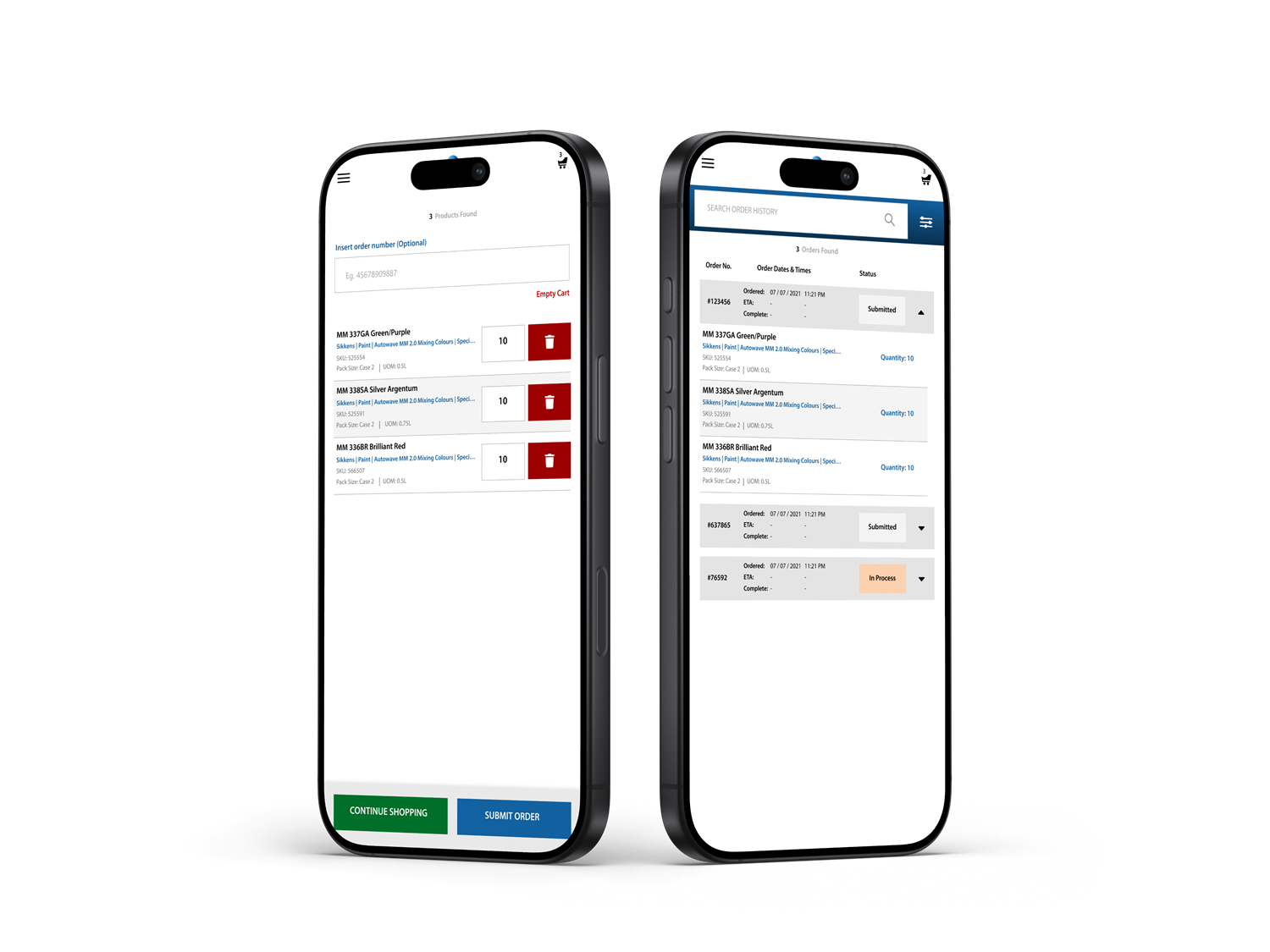 Order history and order detail screens in the Vertus Pro mobile app