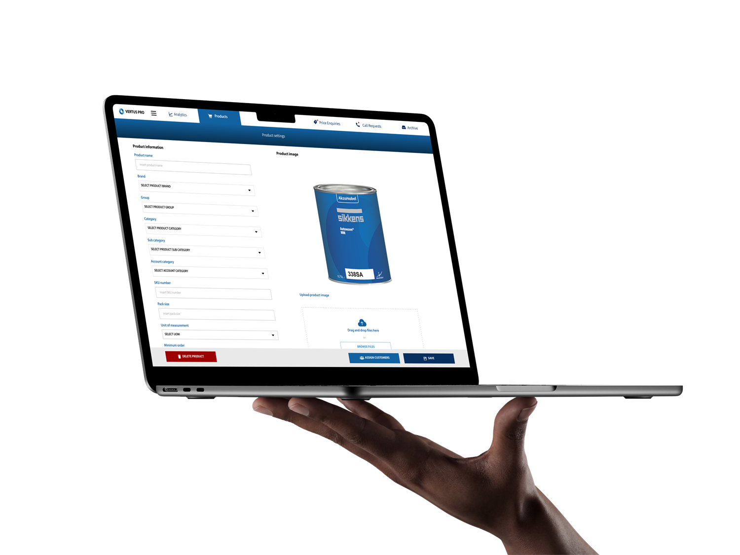 A Vertus Pro product detail page on a laptop held in one hand