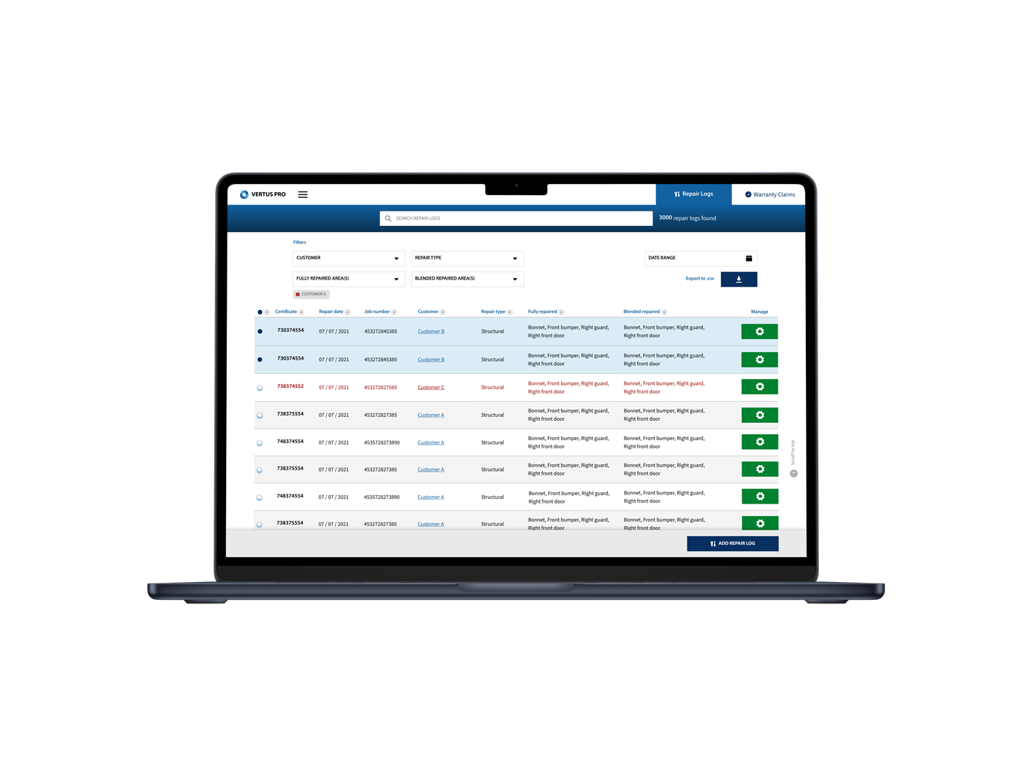 The Vertus Pro order management dashboard on a laptop