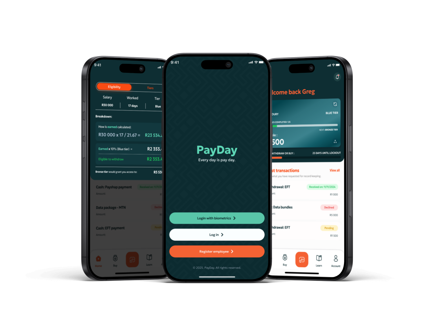 PayDay earned wage access application shown across three mobile screens